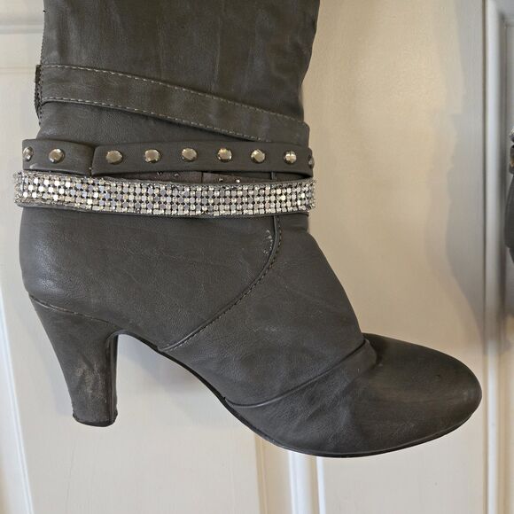 Vanity Gray Studded Rhinestone Knee High Boots Heeled Size 8.5 Alla VT - Picture 14 of 15